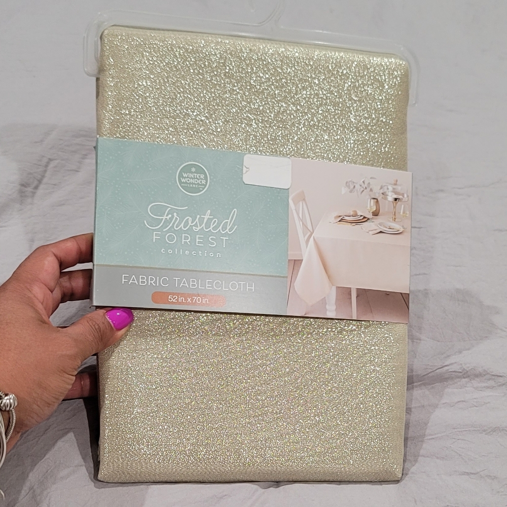 Winter Wonder Frosted Forest Collection Fabric Glittery TableCloth 60in x 84 im